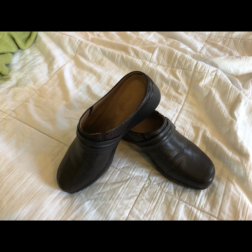 Brown loafer style slip ons